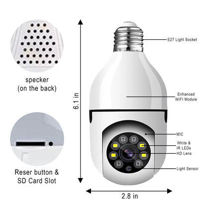 Wireless Light Bulb Security Camera Night vision 360° with SD card slot, Mic, Light sensor, Wifi