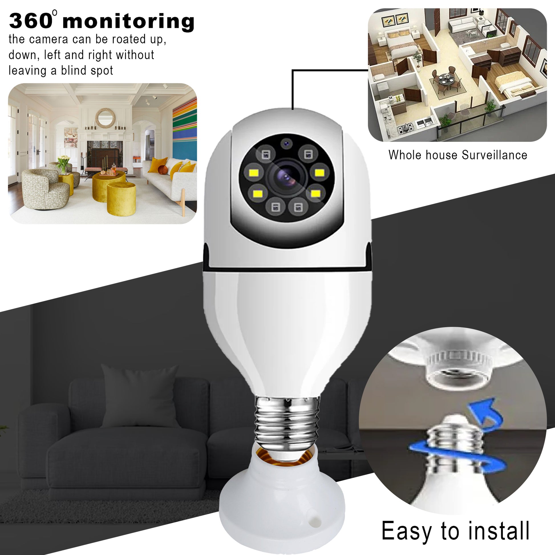  360° Wireless Light Bulb Security Camera easy to install for whole house surveillance 