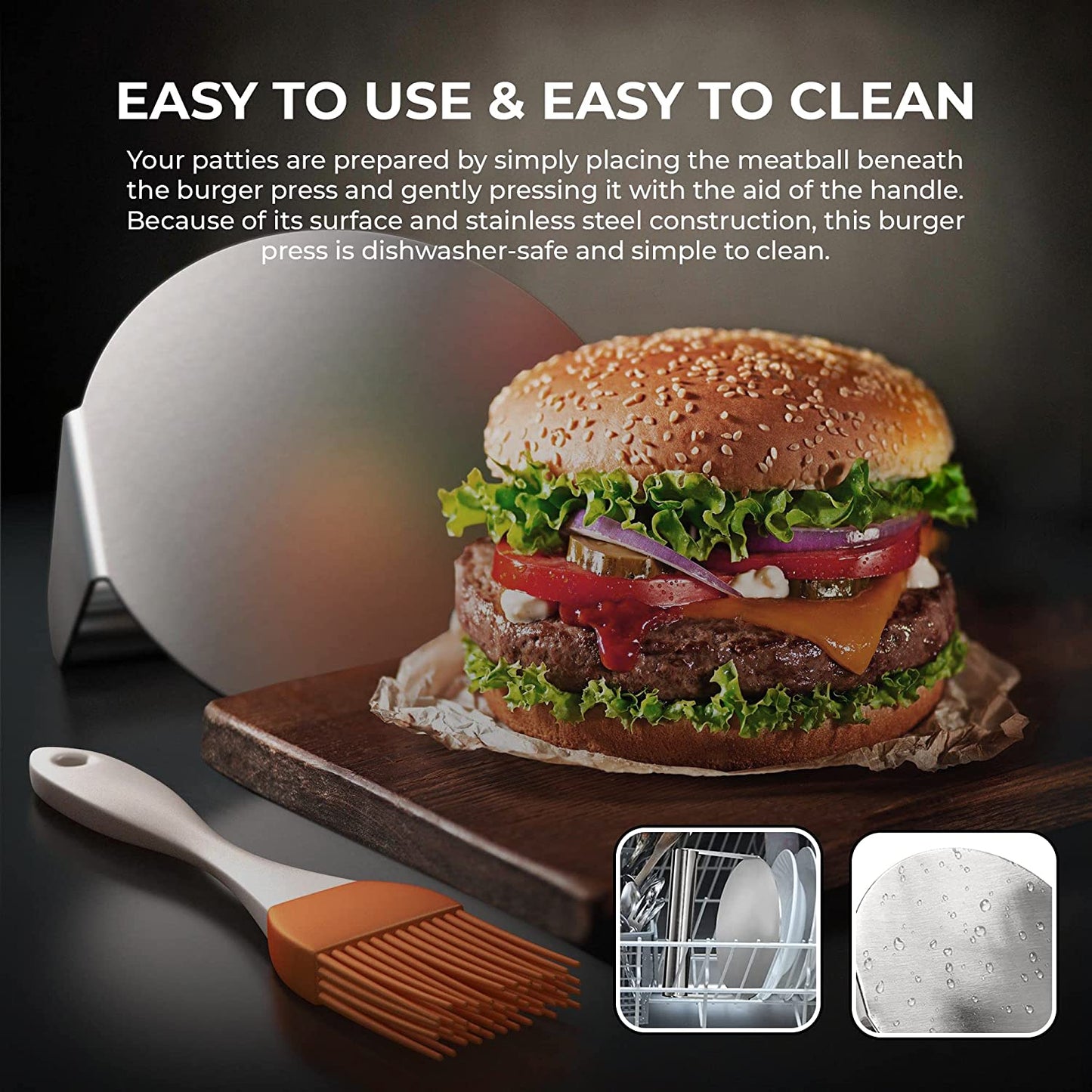 Stainless Steel Burger Press Smasher, Non-Stick Patty Maker with Oil Brush